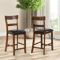 Costway Set Of 2 Barstools Counter Height Chairs W/Leather Seat & Rubber Wood Legs