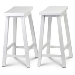 PJ Wood Classic Saddle-Seat 24" Tall Kitchen Counter Stools For Homes, Dining Spaces, And Bars W/Backless Seats, 4 Square Legs, White (8 Pack)