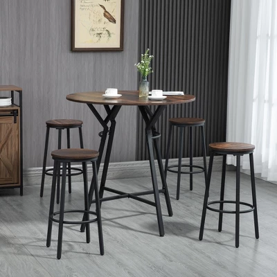 HOMCOM Industrial 5-Piece Bar Table And Chairs Set, Space Saving Dining Table With 4 Stools For Pub And Kitchen, Brown 2 HOMCOM Industrial 5-Piece Bar Table And Chairs Set, Space Saving Dining Table With 4 Stools For Pub And Kitchen, Brown - Image 2