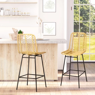 HOMCOM Modern Rattan Bar Stools Set Of 4, Breathable Steel-Base Wicker Counter Height Barstools For Kitchen Counter, Yellow 2 HOMCOM Modern Rattan Bar Stools Set Of 4, Breathable Steel-Base Wicker Counter Height Barstools For Kitchen Counter, Yellow - Image 2