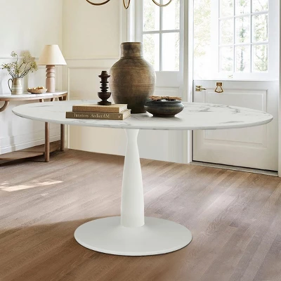 Harris 59'' Artificial Top Oval Dining Table With Pedestal Base In White-The Pop Maison 8 Harris 59'' Artificial Top Oval Dining Table With Pedestal Base In White-The Pop Maison - Image 8