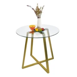 HANA+FLAVIA 5-Piece Round Clear Glass Gold Legs Dining Table Set With 4 Upholstered Chairs-The Pop Maison