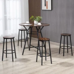 HOMCOM Industrial 5-Piece Bar Table And Chairs Set, Space Saving Dining Table With 4 Stools For Pub And Kitchen, Brown